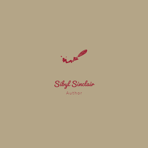A pink image of a quill and ink splotches sits over a beige background. Below, matching pink text reads "Sibyl Sinclair, author."